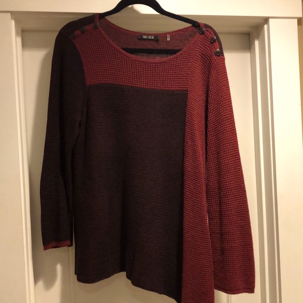 Color block sweater with button and zipper details
